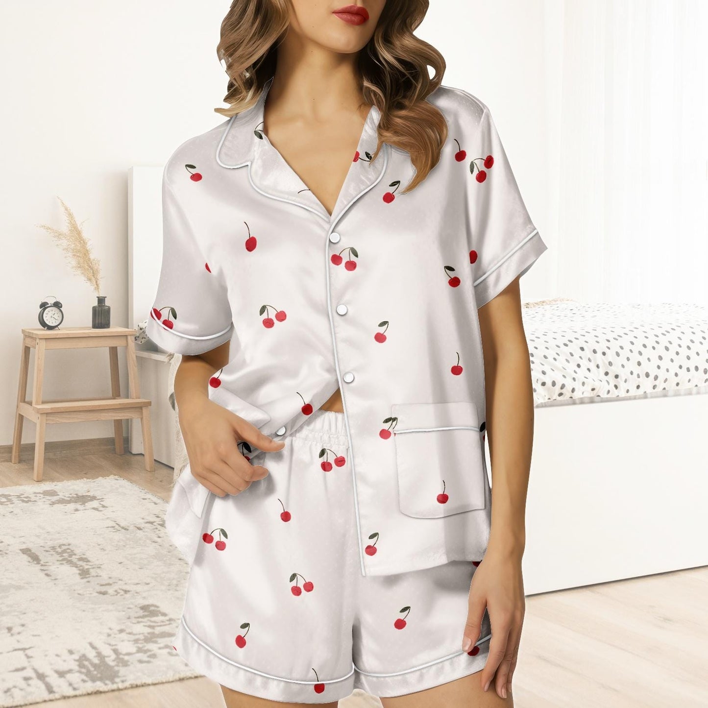 Cherry Short Satin Pajamas, Funny Cherry Pajamas Set Women, Fruit Print Bridal Party Pajamas Women, Summer Matching Pajamas Shorts Wome