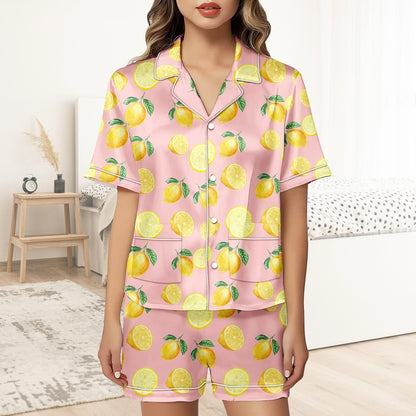 Lemon Short Satin Pajamas, Fruit Print Lemon Pajamas Set Women, Summer Silk Pajamas For Women, Matching Pajama Shorts Women