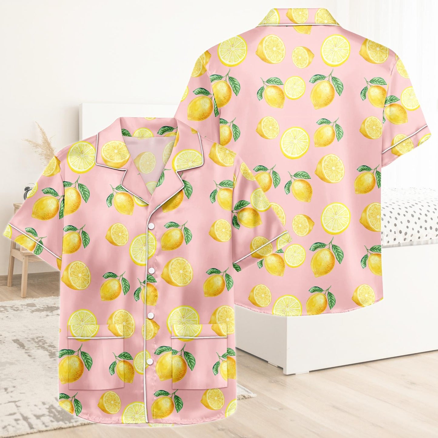 Lemon Short Satin Pajamas, Fruit Print Lemon Pajamas Set Women, Summer Silk Pajamas For Women, Matching Pajama Shorts Women