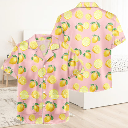 Lemon Short Satin Pajamas, Fruit Print Lemon Pajamas Set Women, Summer Silk Pajamas For Women, Matching Pajama Shorts Women