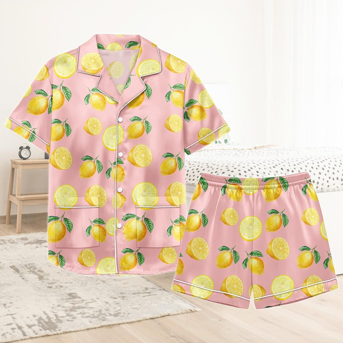Lemon Short Satin Pajamas, Fruit Print Lemon Pajamas Set Women, Summer Silk Pajamas For Women, Matching Pajama Shorts Women