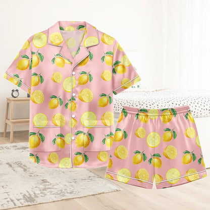 Lemon Short Satin Pajamas, Fruit Print Lemon Pajamas Set Women, Summer Silk Pajamas For Women, Matching Pajama Shorts Women