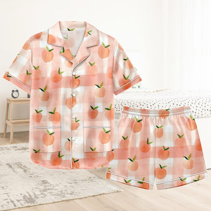 Peach Short Satin Pajamas, Fruit Print Peach Pajamas Set Women, Pastel Silk Pajamas For Women, Summer Matching Pajama Shorts Women