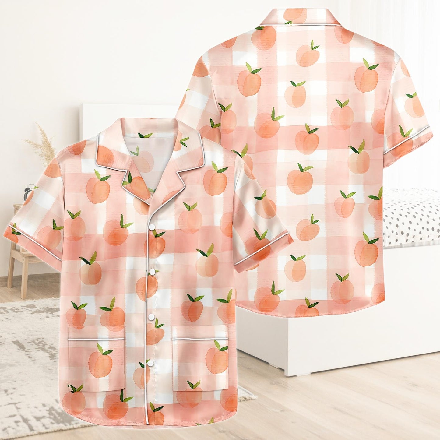 Peach Short Satin Pajamas, Fruit Print Peach Pajamas Set Women, Pastel Silk Pajamas For Women, Summer Matching Pajama Shorts Women