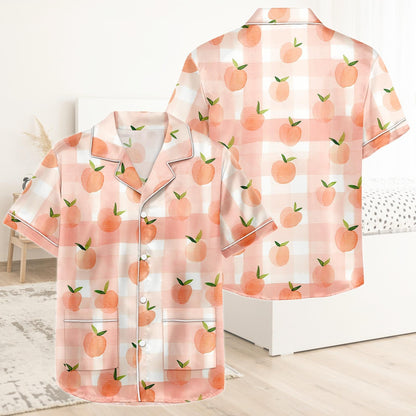 Peach Short Satin Pajamas, Fruit Print Peach Pajamas Set Women, Pastel Silk Pajamas For Women, Summer Matching Pajama Shorts Women