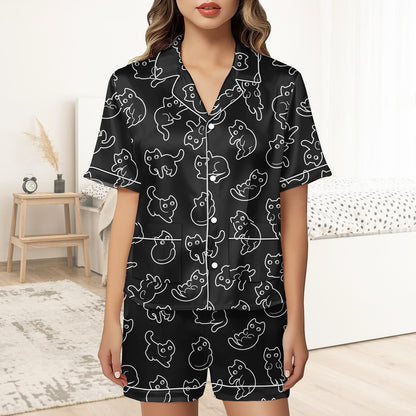 Black Cat Short Satin Pajamas, Spooky Cat Pajamas Set Women, Halloween Silk Pajamas For Women, Pastel Matching Pajamas Women