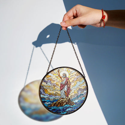 Biblical stained glass Moses parting sea round suncatcher Christian home decor gift for Easter or pastor