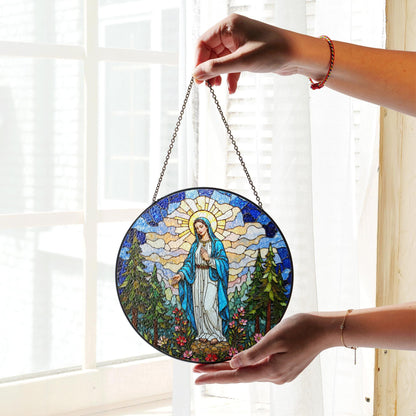 Blessed Virgin Mary stained glass style round suncatcher spiritual window decor gift for Easter or Catholic mom