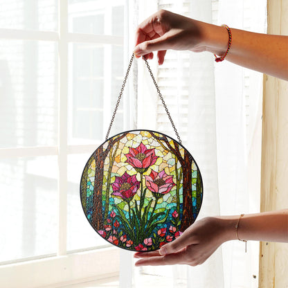 Pink lotus flower forest suncatcher stained glass window hanging gift for her birthday decor