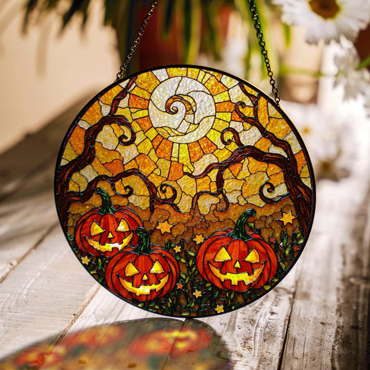 Jack o lantern stained glass suncatcher spooky tree Halloween window decor gift for her or kids