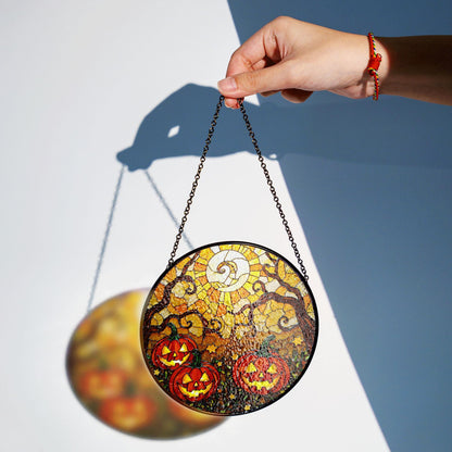 Jack o lantern stained glass suncatcher spooky tree Halloween window decor gift for her or kids