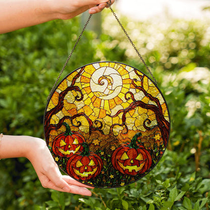 Jack o lantern stained glass suncatcher spooky tree Halloween window decor gift for her or kids