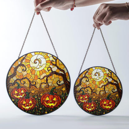 Jack o lantern stained glass suncatcher spooky tree Halloween window decor gift for her or kids
