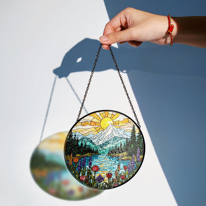 Mountain Lake Wildflower Suncatcher Stained Glass Window Hanging Gift for Nature Lovers