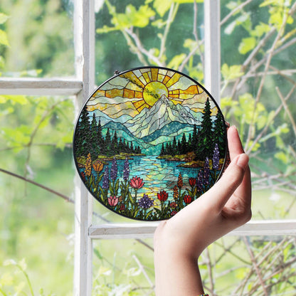Mountain Lake Wildflower Suncatcher Stained Glass Window Hanging Gift for Nature Lovers