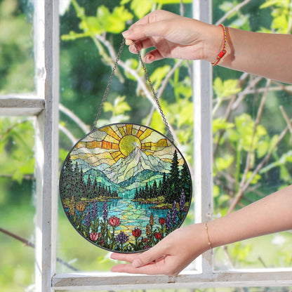Mountain Lake Wildflower Suncatcher Stained Glass Window Hanging Gift for Nature Lovers