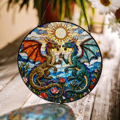 Fantasy dragon pair stained glass round suncatcher mystical window hanging gift for him
