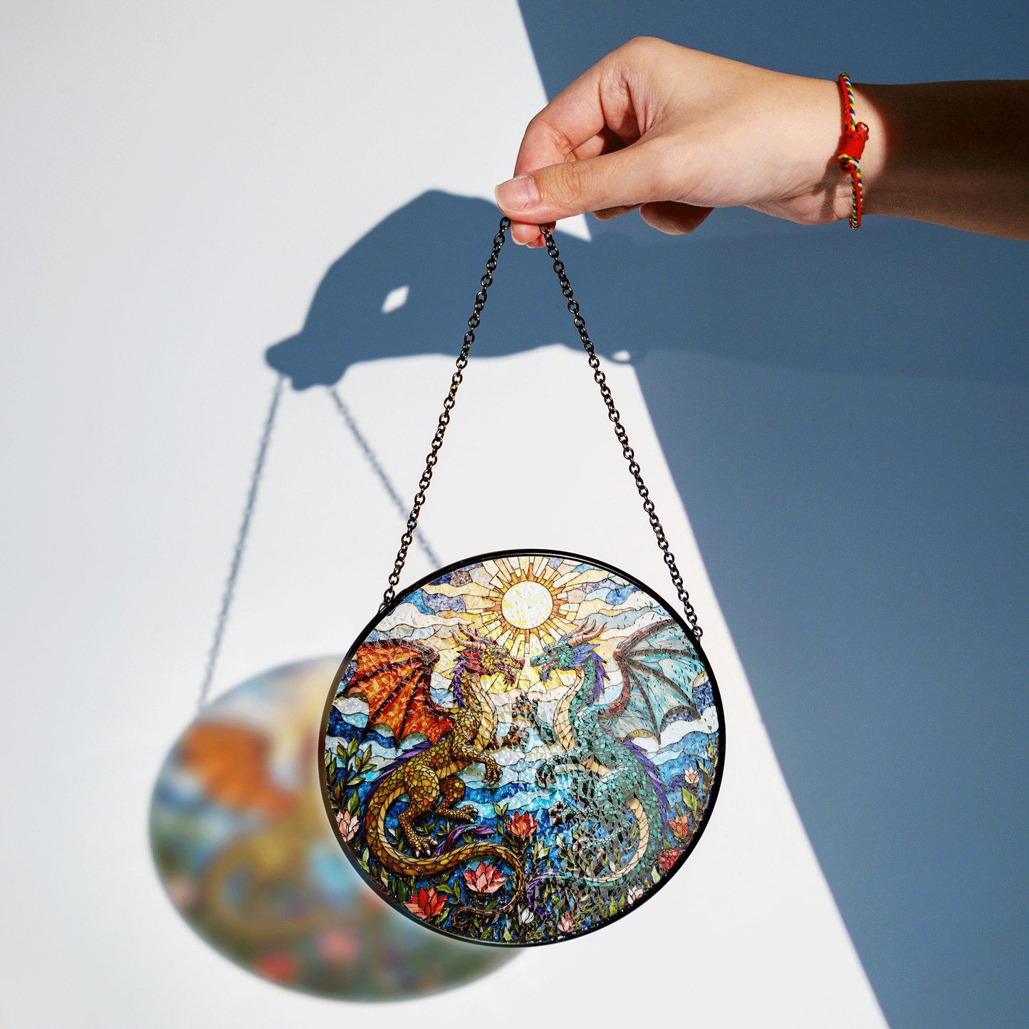 Fantasy dragon pair stained glass round suncatcher mystical window hanging gift for him