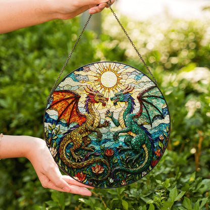 Fantasy dragon pair stained glass round suncatcher mystical window hanging gift for him