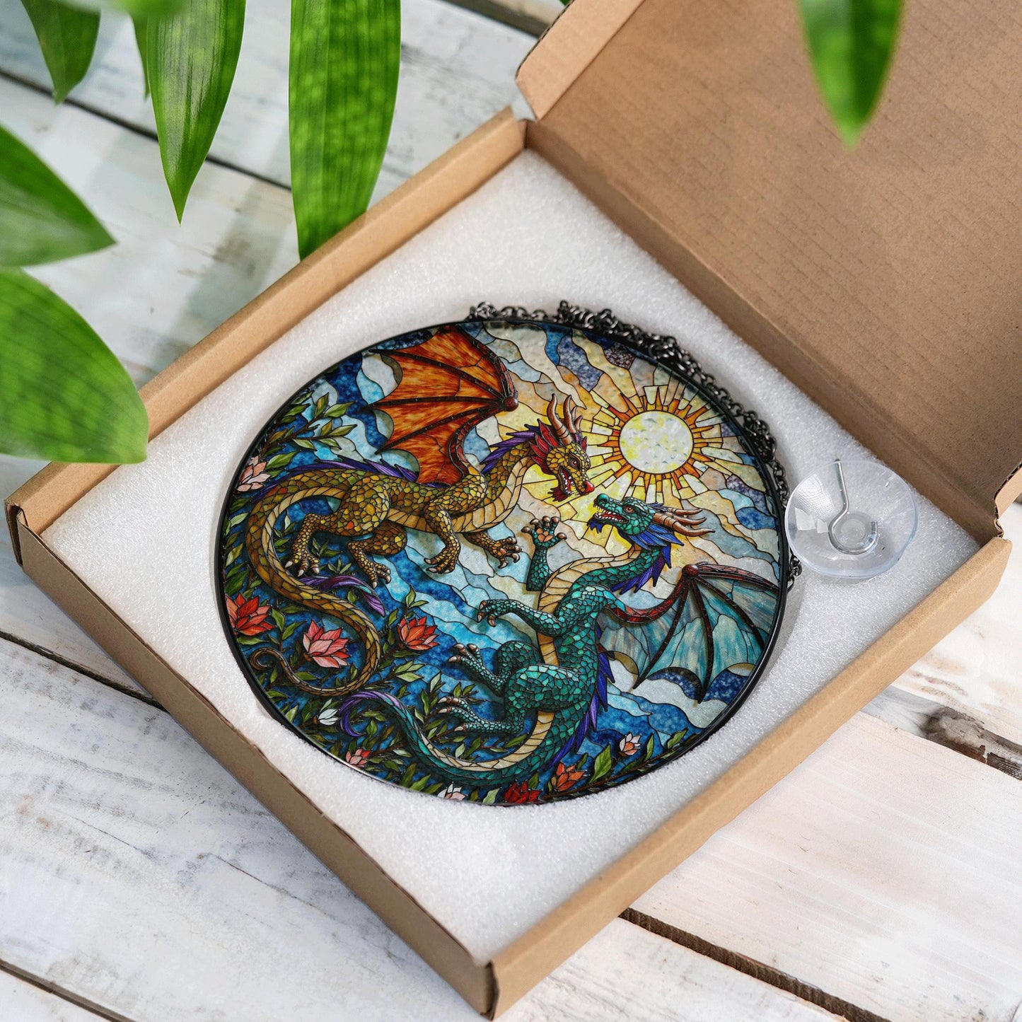 Fantasy dragon pair stained glass round suncatcher mystical window hanging gift for him
