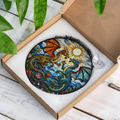 Fantasy dragon pair stained glass round suncatcher mystical window hanging gift for him