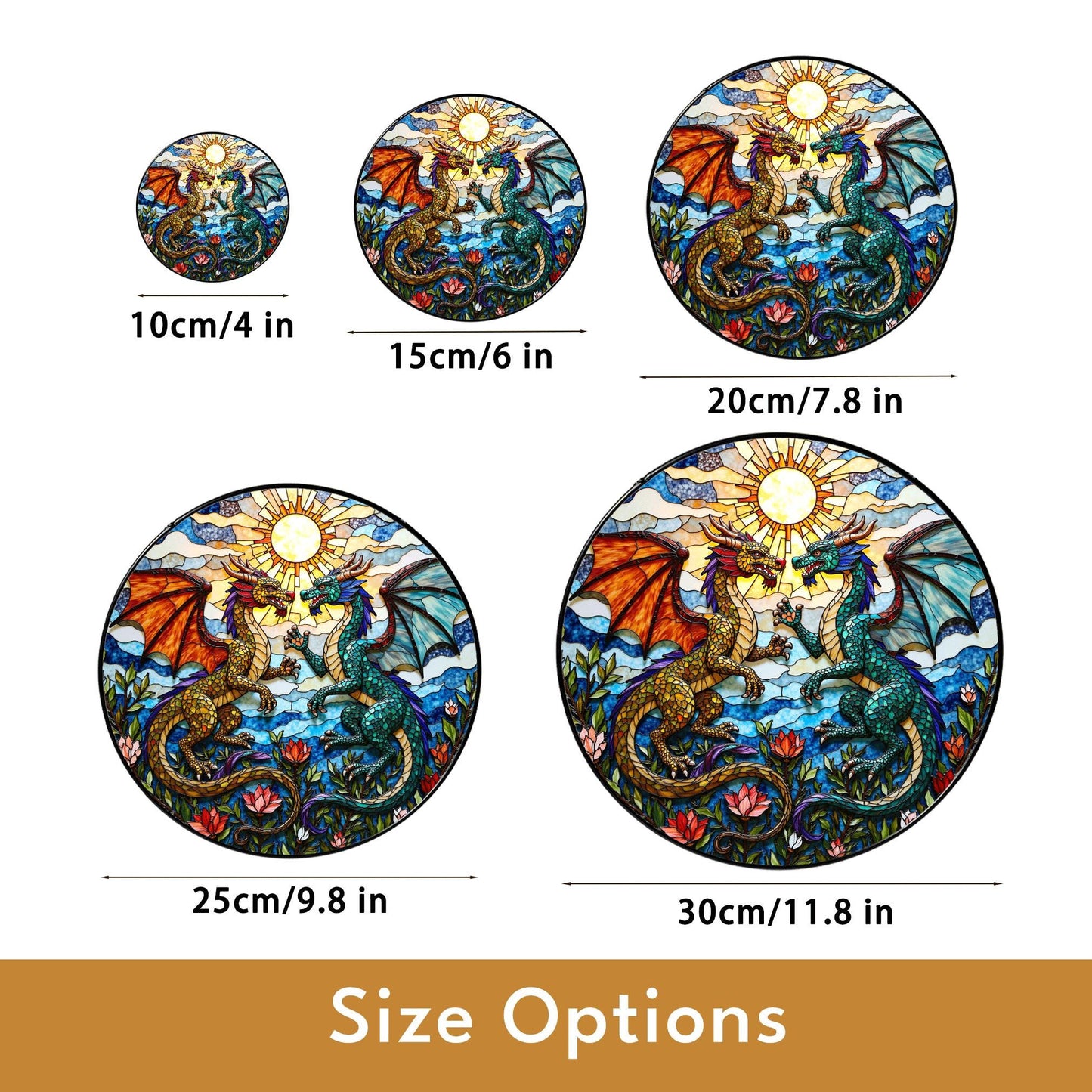 Fantasy dragon pair stained glass round suncatcher mystical window hanging gift for him