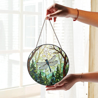 Dragonfly Forest Stained Glass Suncatcher Nature Window Hanging Gift for Mothers Day