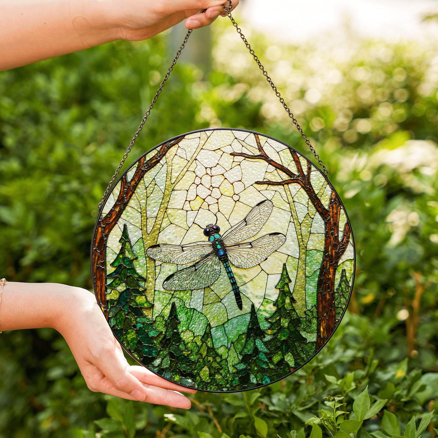 Dragonfly Forest Stained Glass Suncatcher Nature Window Hanging Gift for Mothers Day