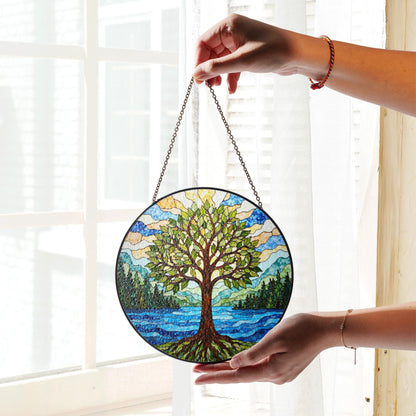 Tree of life stained glass suncatcher forest river art gift for mothers day or nature lovers
