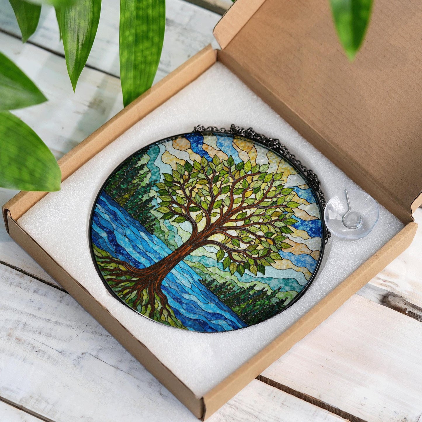 Tree of life stained glass suncatcher forest river art gift for mothers day or nature lovers