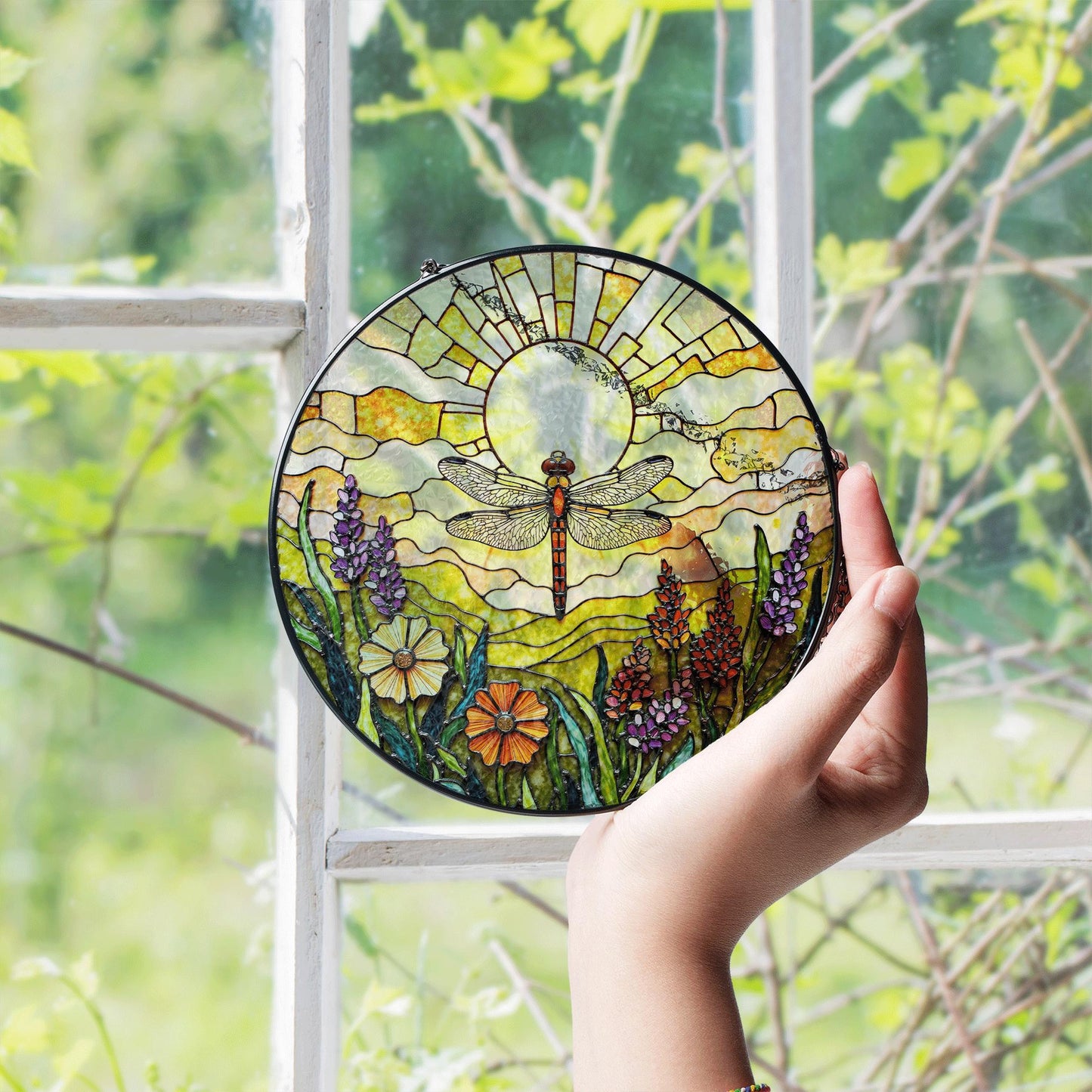 Dragonfly Sun Floral Field Stained Glass Suncatcher Gift for Nature Lovers or Mothers Day Decor
