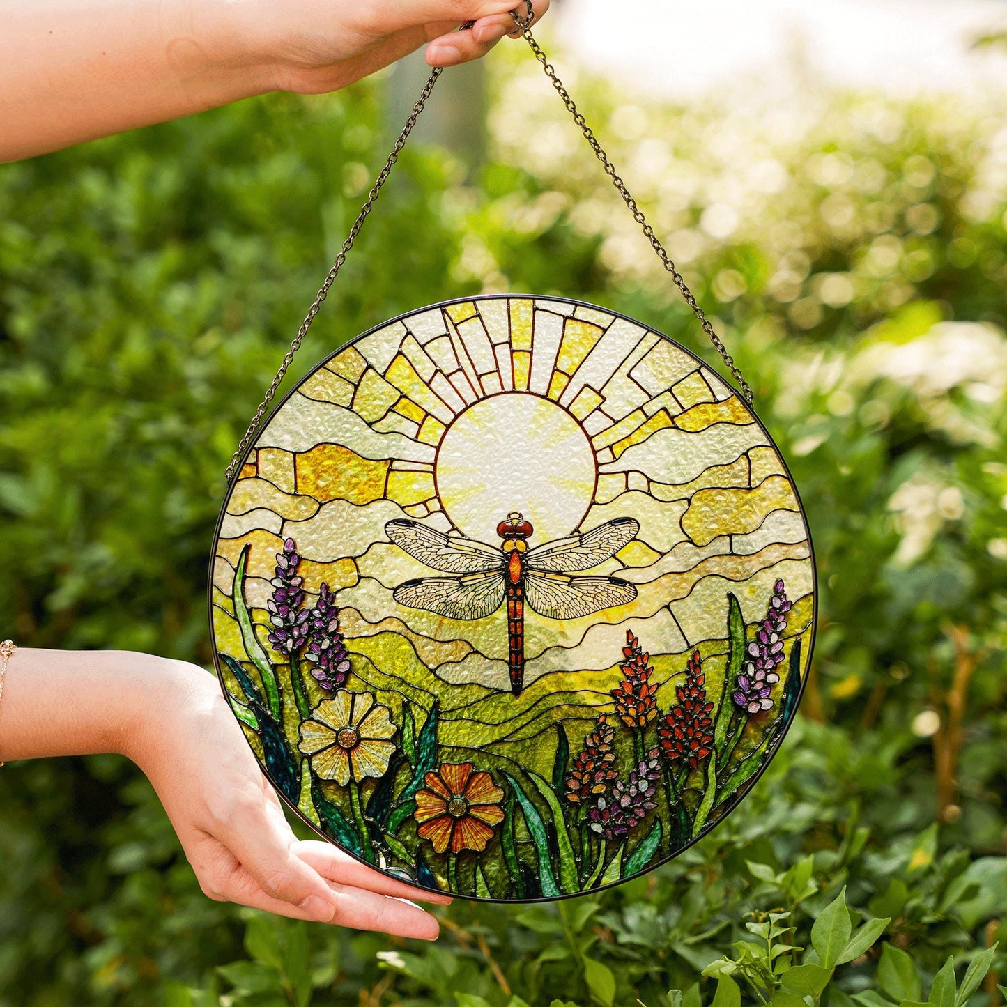 Dragonfly Sun Floral Field Stained Glass Suncatcher Gift for Nature Lovers or Mothers Day Decor