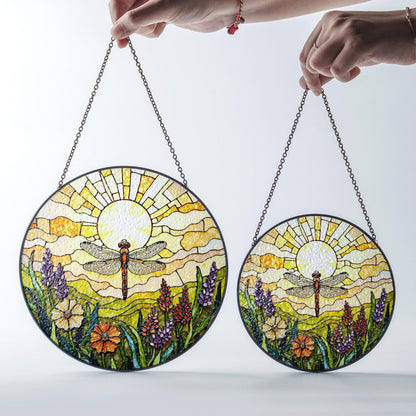Dragonfly Sun Floral Field Stained Glass Suncatcher Gift for Nature Lovers or Mothers Day Decor