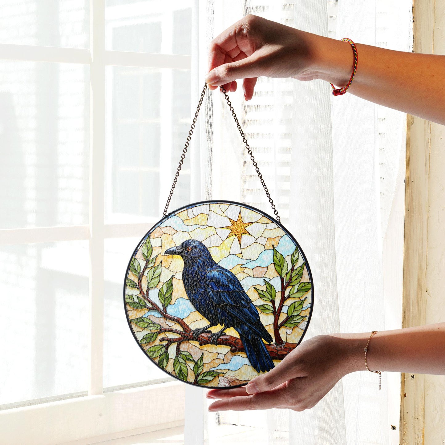 Midnight raven on tree branch stained glass suncatcher window hanging gift for Halloween or nature lover