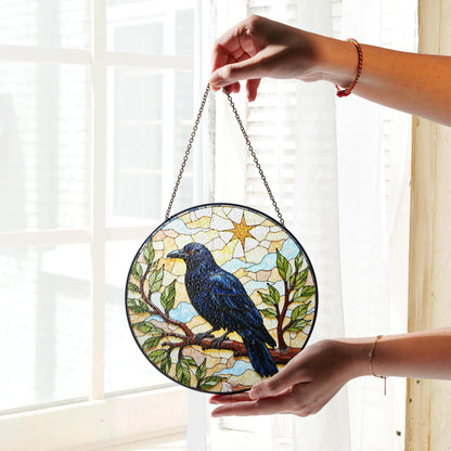 Midnight raven on tree branch stained glass suncatcher window hanging gift for Halloween or nature lover