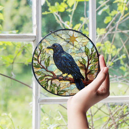 Midnight raven on tree branch stained glass suncatcher window hanging gift for Halloween or nature lover