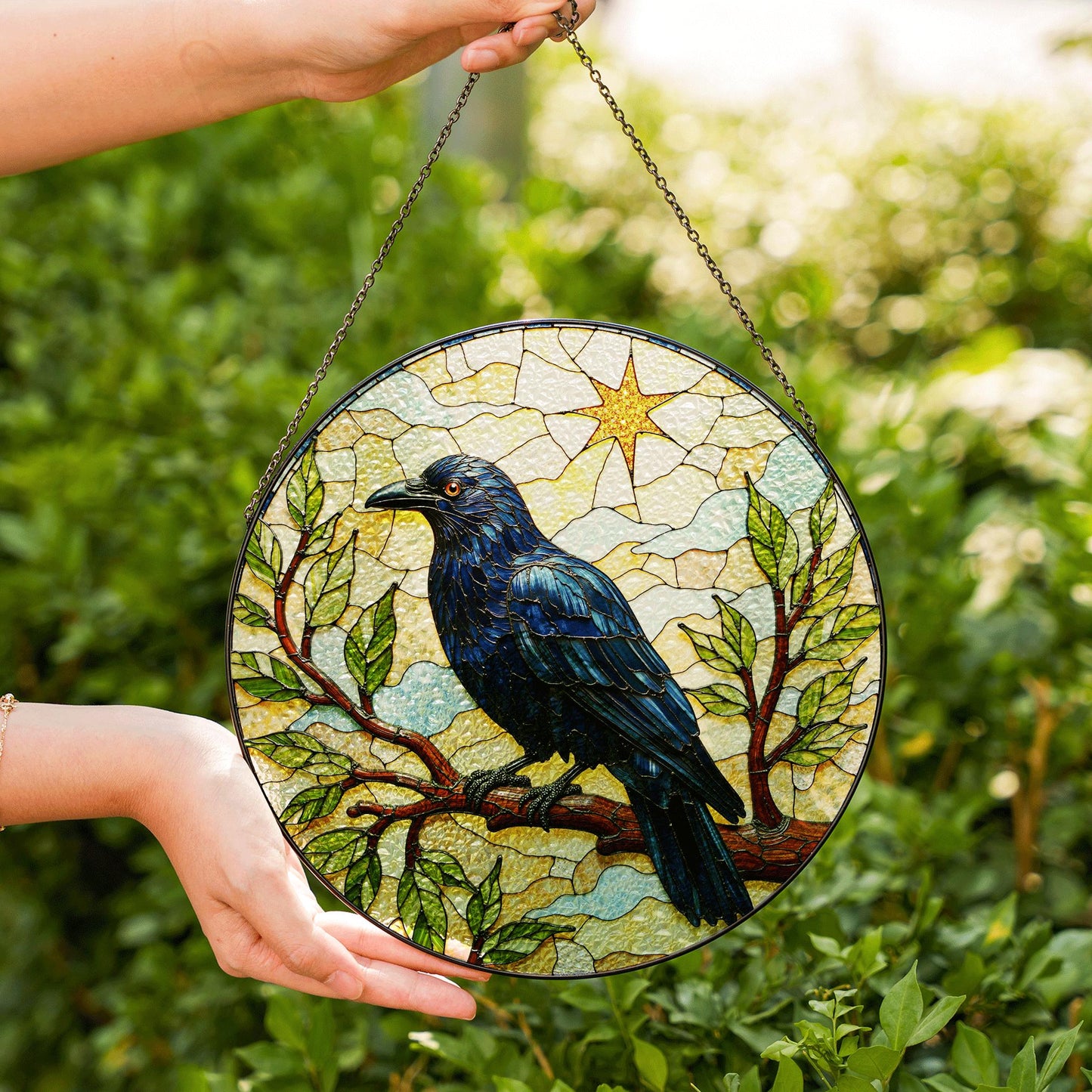 Midnight raven on tree branch stained glass suncatcher window hanging gift for Halloween or nature lover