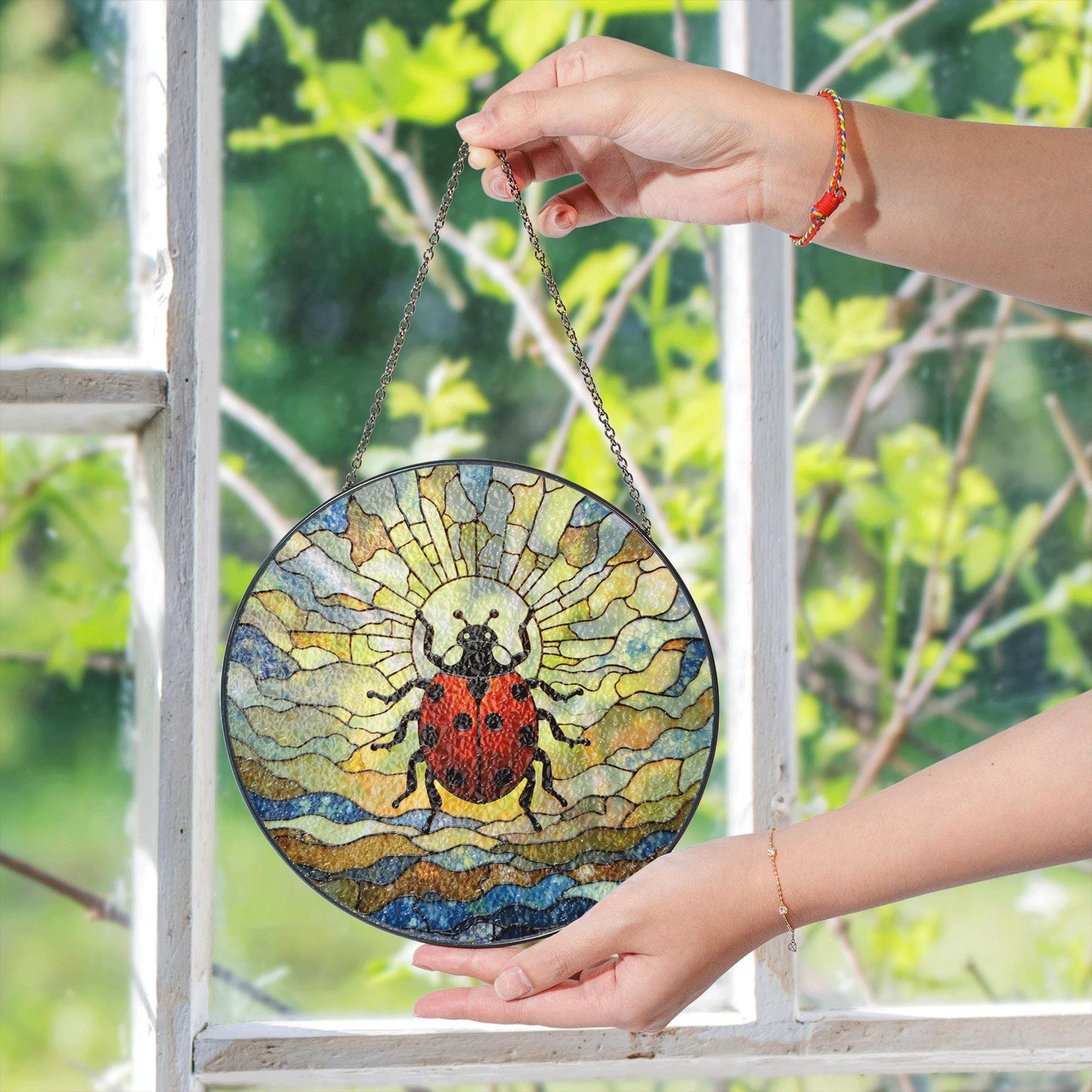 Ladybug stained glass suncatcher insect window decor gift for spring nature lovers