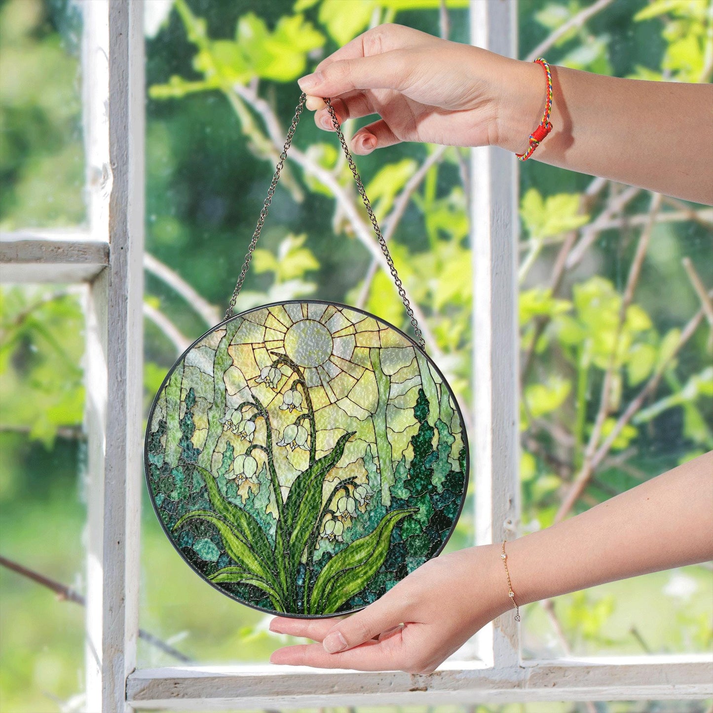 Lily of the valley stained glass suncatcher window hanging spring home decor mothers day gift