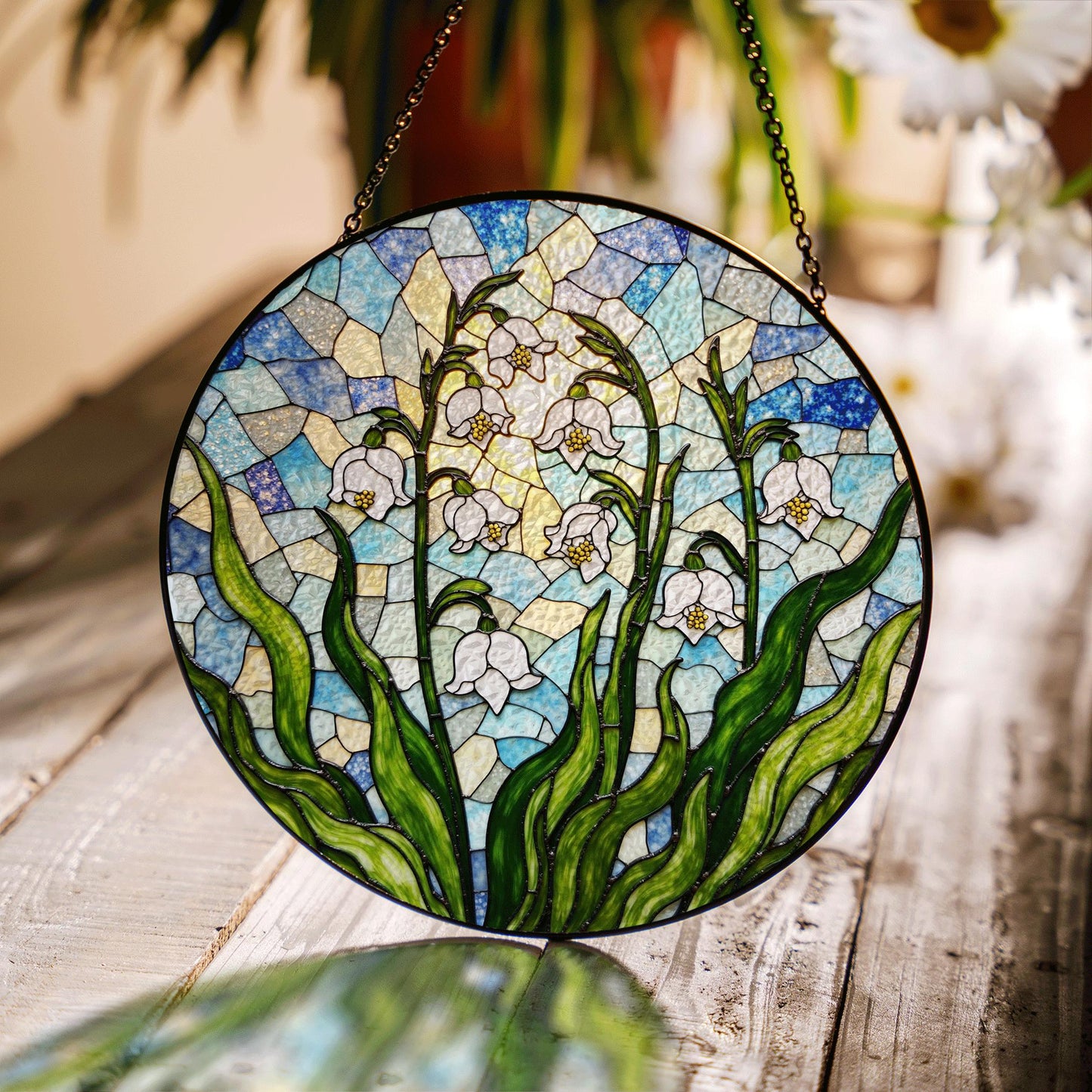 Lily of the valley flower stained glass round suncatcher spring window decor gift for mothers day