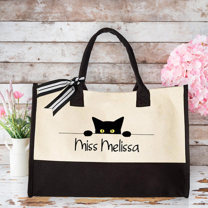 Personalized Black Cat Teacher Tote Bag, Custom Name Canvas Bag Gift for Cat Lovers, Cute Classroom Work Bag for Women, Weekender Tote Bag