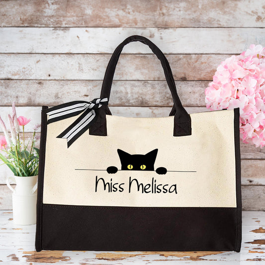 Personalized Black Cat Teacher Tote Bag, Custom Name Canvas Bag Gift for Cat Lovers, Cute Classroom Work Bag for Women, Weekender Tote Bag