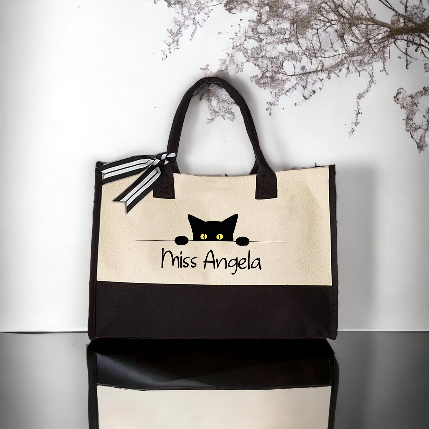 Personalized Black Cat Teacher Tote Bag, Custom Name Canvas Bag Gift for Cat Lovers, Cute Classroom Work Bag for Women, Weekender Tote Bag