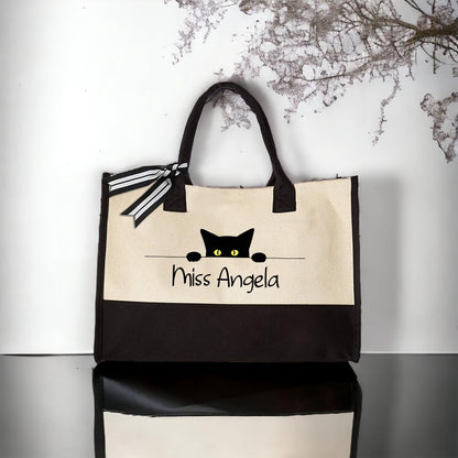 Personalized Black Cat Teacher Tote Bag, Custom Name Canvas Bag Gift for Cat Lovers, Cute Classroom Work Bag for Women, Weekender Tote Bag
