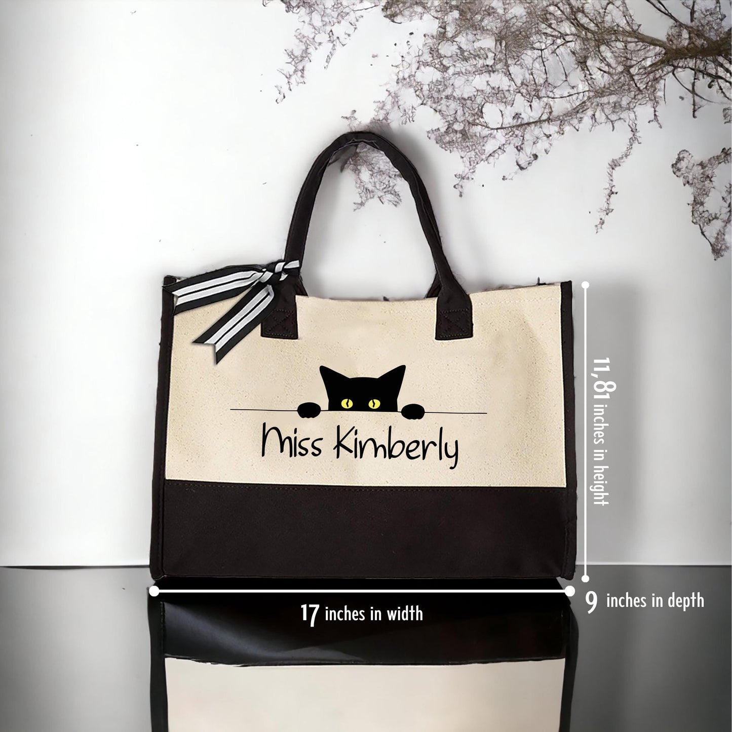 Personalized Black Cat Teacher Tote Bag, Custom Name Canvas Bag Gift for Cat Lovers, Cute Classroom Work Bag for Women, Weekender Tote Bag