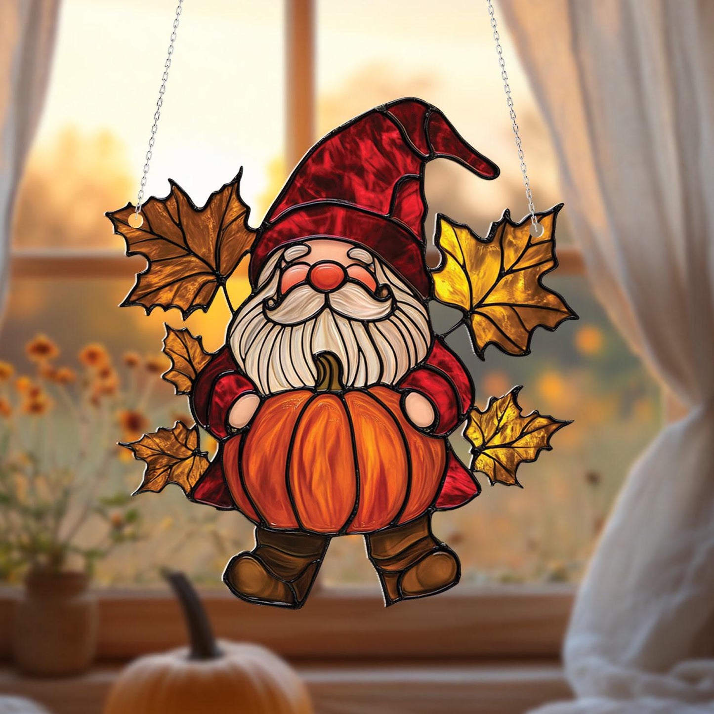 Fall Gnome Pumpkin Window Hanging, Autumn Maple Leaf Decor, Cute Harvest Gnome Ornament, Thanksgiving Home Accent, Farmhouse Gift