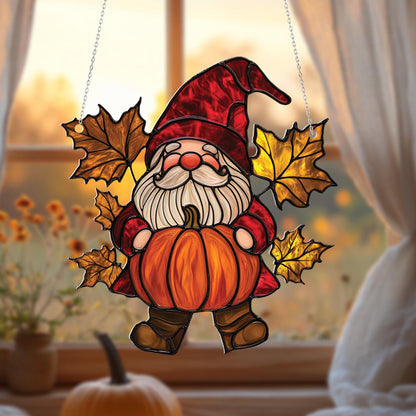 Fall Gnome Pumpkin Window Hanging, Autumn Maple Leaf Decor, Cute Harvest Gnome Ornament, Thanksgiving Home Accent, Farmhouse Gift