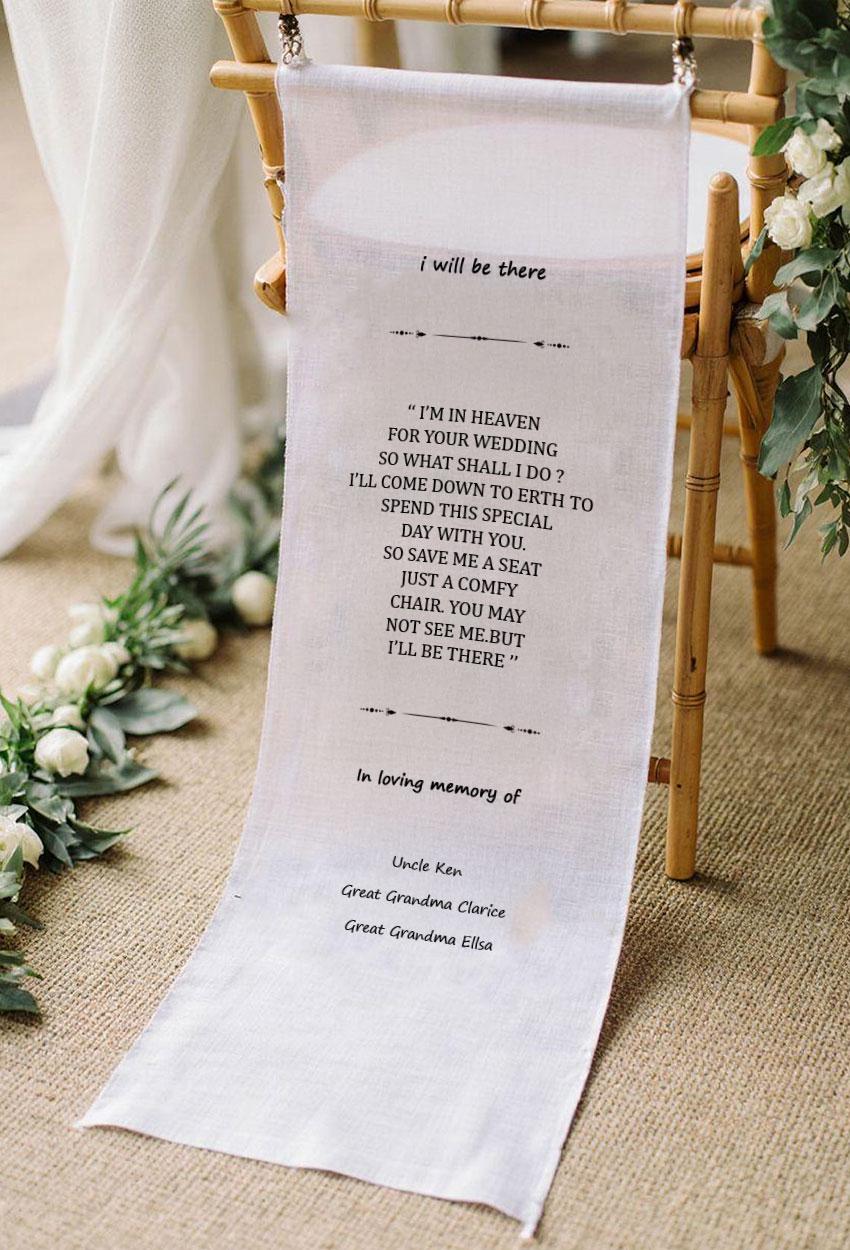 I Will Be There Wedding Memorial Chair Sign, I’m in Heaven Poem Banner, Personalized Remembrance Seat Sign, Custom Wedding Memory Decor