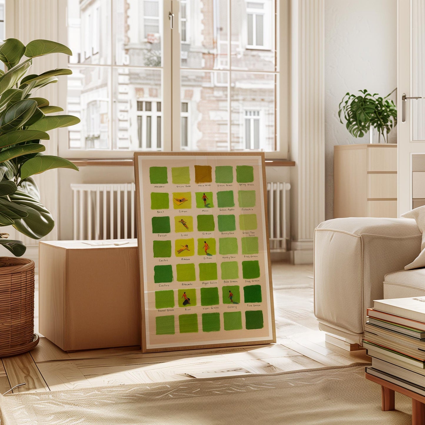 Mid Century Modern Green Stripe Print: Pastel Swimmers Wall Art