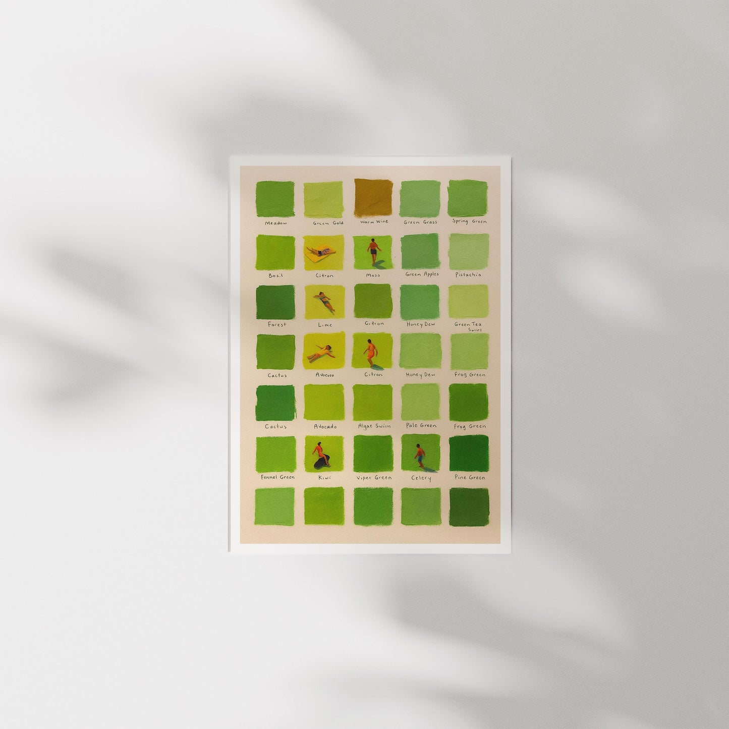 Mid Century Modern Green Stripe Print: Pastel Swimmers Wall Art